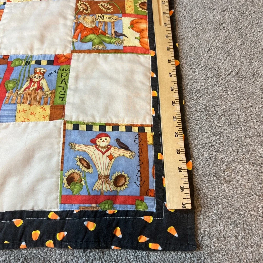 vtg Handmade quilt Autumn Scarecrow Throw Blanket fall‎ patchwork cozy harest